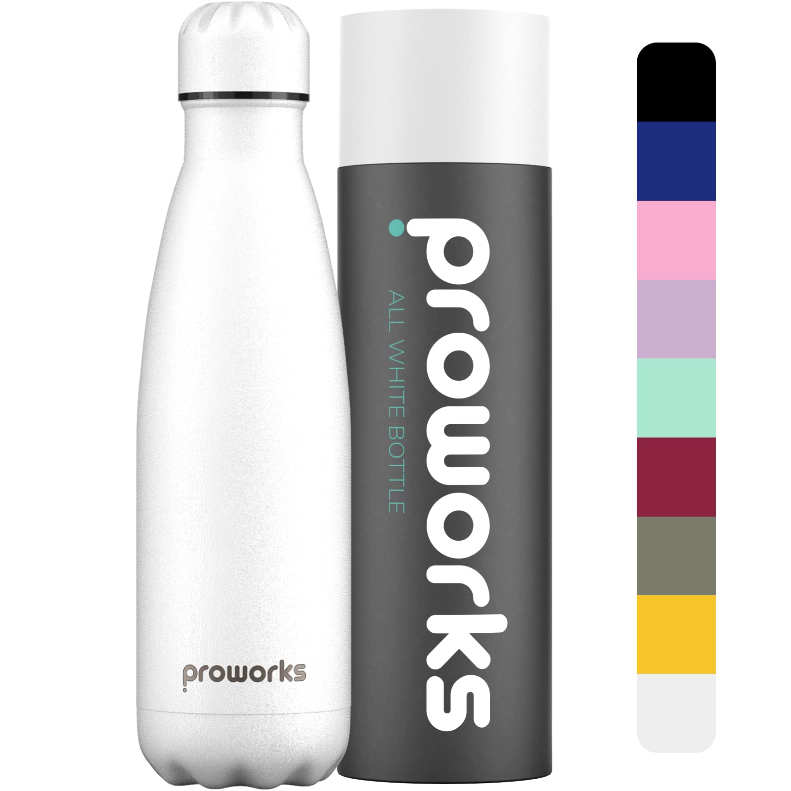 Proworks Performance Stainless Steel Sports Water Bottle | Double Insulated Vacuum Flask for 12 Hours Hot & 24 Hours Cold Drinks - Great for Home, Work, Gym & Travel - 1 Litre - BPA Free – All White