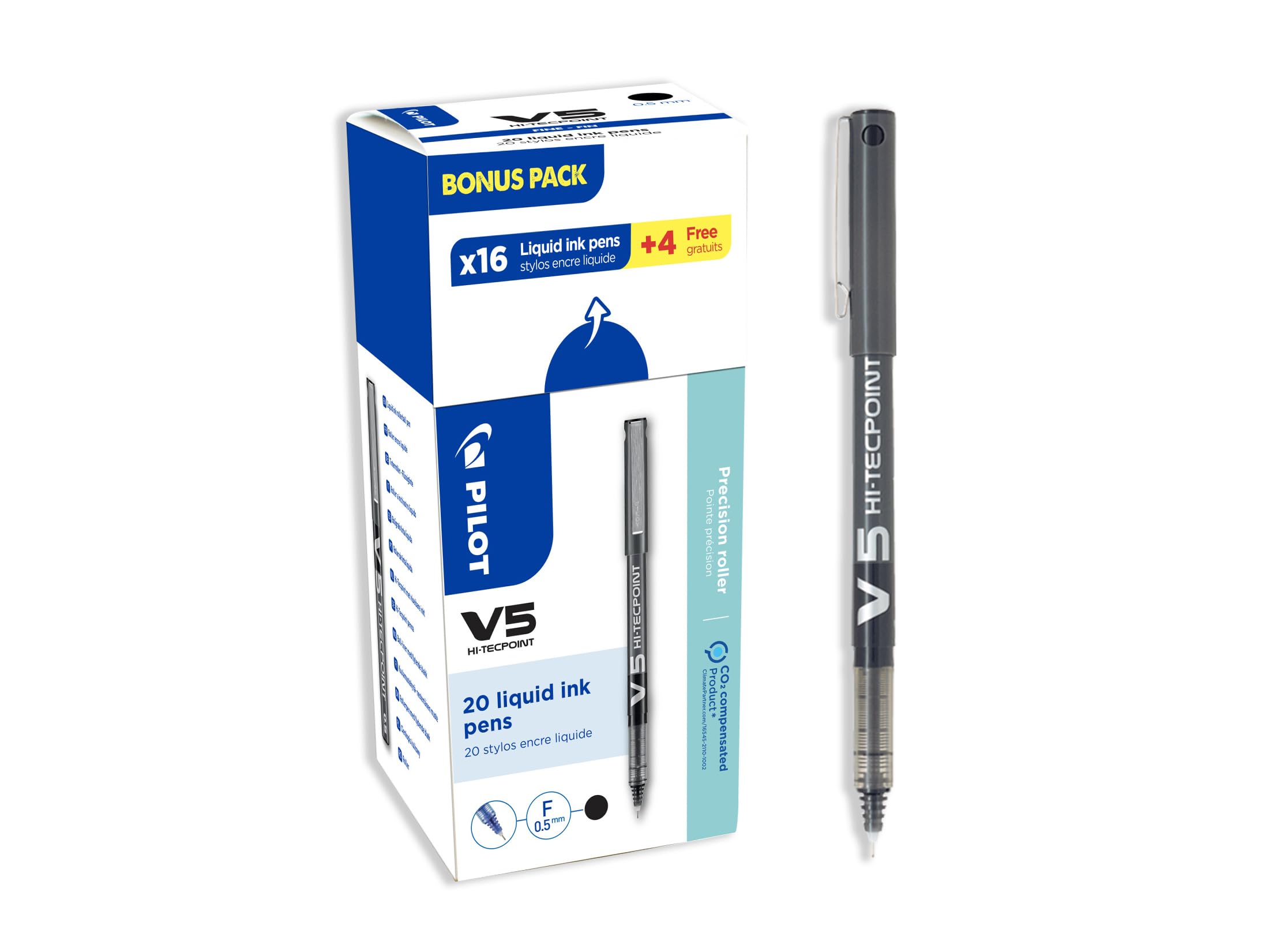 Pilot 3131910516507 V5 Hi-Tecpoint Liquid Ink Roller Pen - Black (Pack of 20)