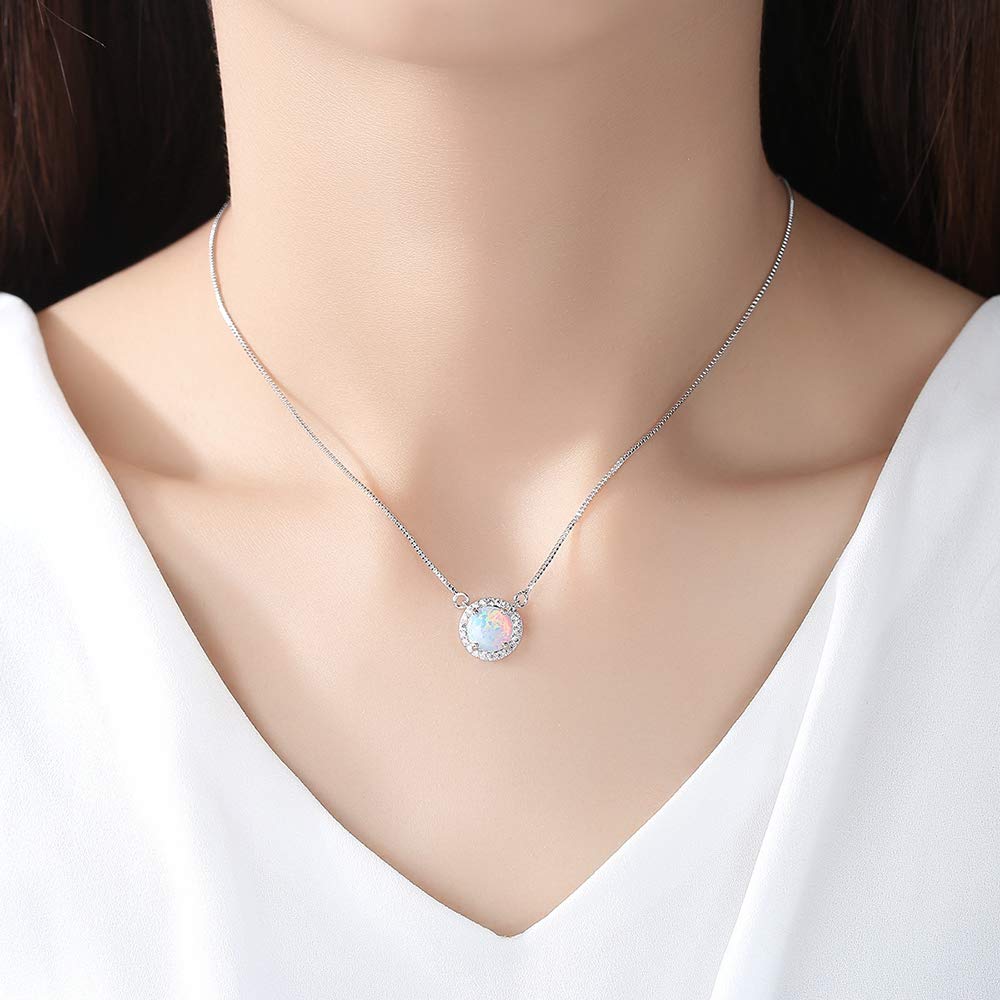 Sterling Silver Round Cubic Zirconia Inlaid Opal Pendant Necklace for Women 16\