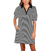 Yousify Women's Summer Lapel Collared V Neck Striped Dress Casual Puff Short Sleeve Polo Tshirt Dresses with Pockets