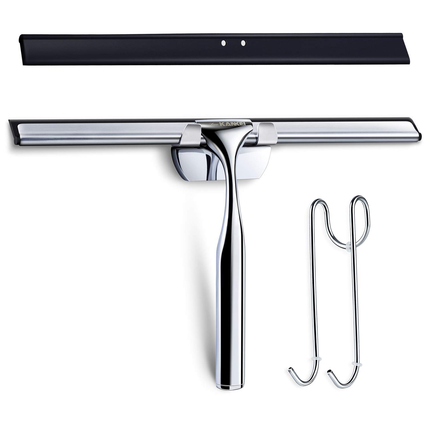 Love-KANKEI Shower Squeegee - Shower Doors Glass Squeegee with 1 Replacement Rubber Blade and Hook, Wall Mount Stainless Steel Wiper Bathroom Squeegee