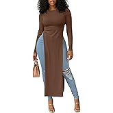 OPOIPIN Women's Crew Neck Split Slit Hem Long Sleeve Slim Fit Blouse Long Shirt Tunic Top Solid Dark Brown Small