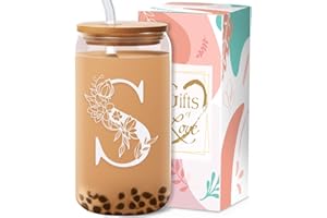 Glass Cup Birthday Gifts for Women Personalized Monogram Gift for Women - 16 oz Clear Bamboo Glass Cups with Lid Straws Gifts