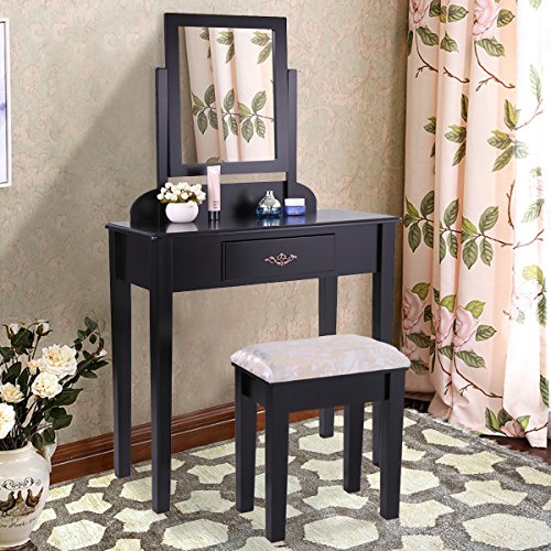 JAXPETY New Black 3 pc Set Boudoir Makeup Cosmetic Mirror Vanity Table Desk W/Bench