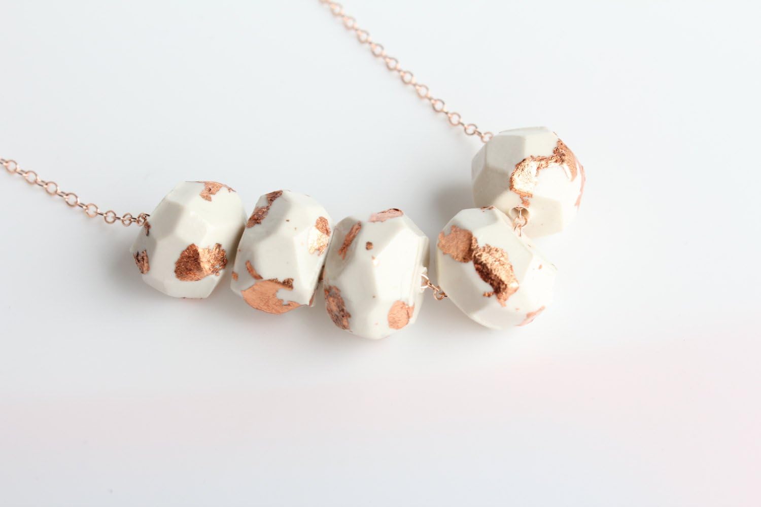 Mini Geometric Bead Necklace White Polymer Clay on Rose Gold Filled Chain