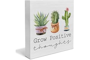 YIDOU Country Grow Positive Thoughts Wood Box Sign Decor Desk Sign Plant Lovers Cactus Wooden Box Block Sign Summer Rustic Home Shelf Wall Decoration