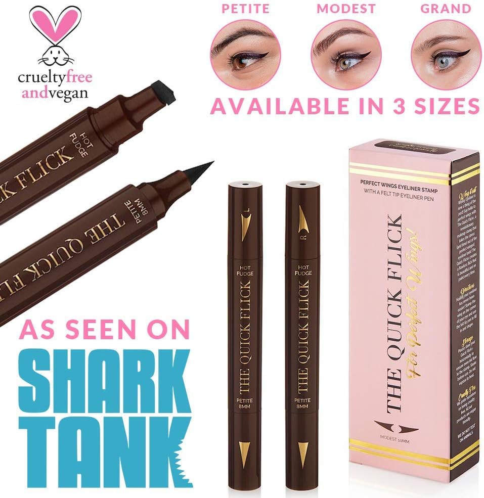 The Quick Flick - Brown Eyeliner Stamp Waterproof Eyeliner, Smudgeproof, Liquid Eyeliner Pen, Winged Eyeliner Stamp, Includes 2 Pens, Australian Makeup, As Seen on Shark Tank in Hot Fudge 8mm Wing