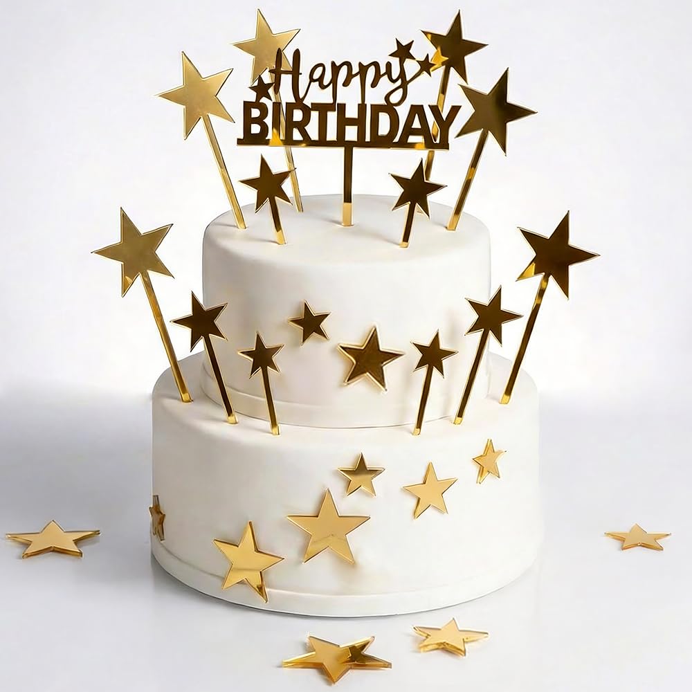 25PCS Gold Acrylic Happy Birthday Cake Toppers Set - Shining Star Shape HB Cake Decorations with Sticks, Non-Edible Reusable Party Cake Topper for Birthday Celebration