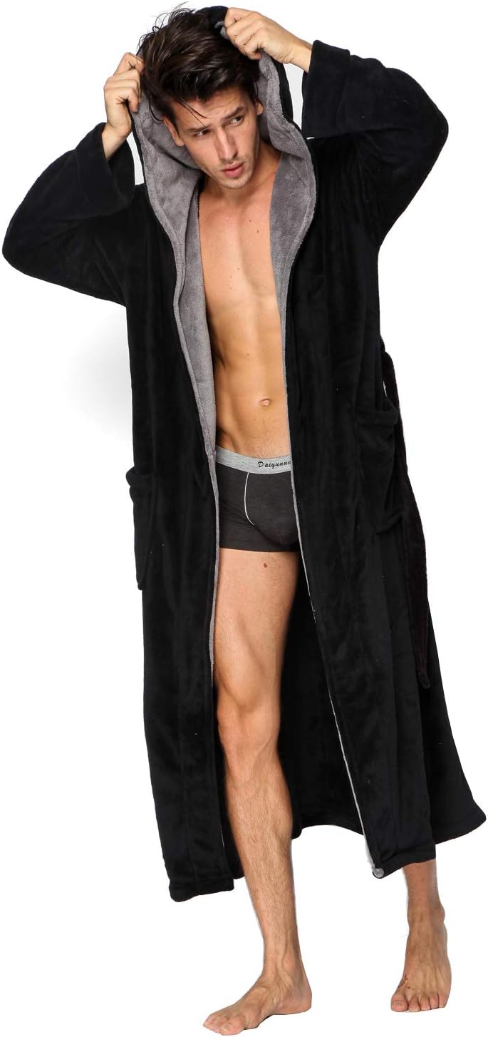 Hooded Herringbone Men's Black Soft Spa Full Length Warm Bathrobe With Grey Kimono Shawl Collar