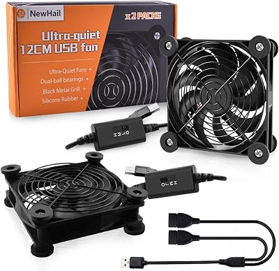 NewHail 2 Pack 120mm USB Fan Dual Ball Bearing 5V 3-Speed Cooling for Router TV