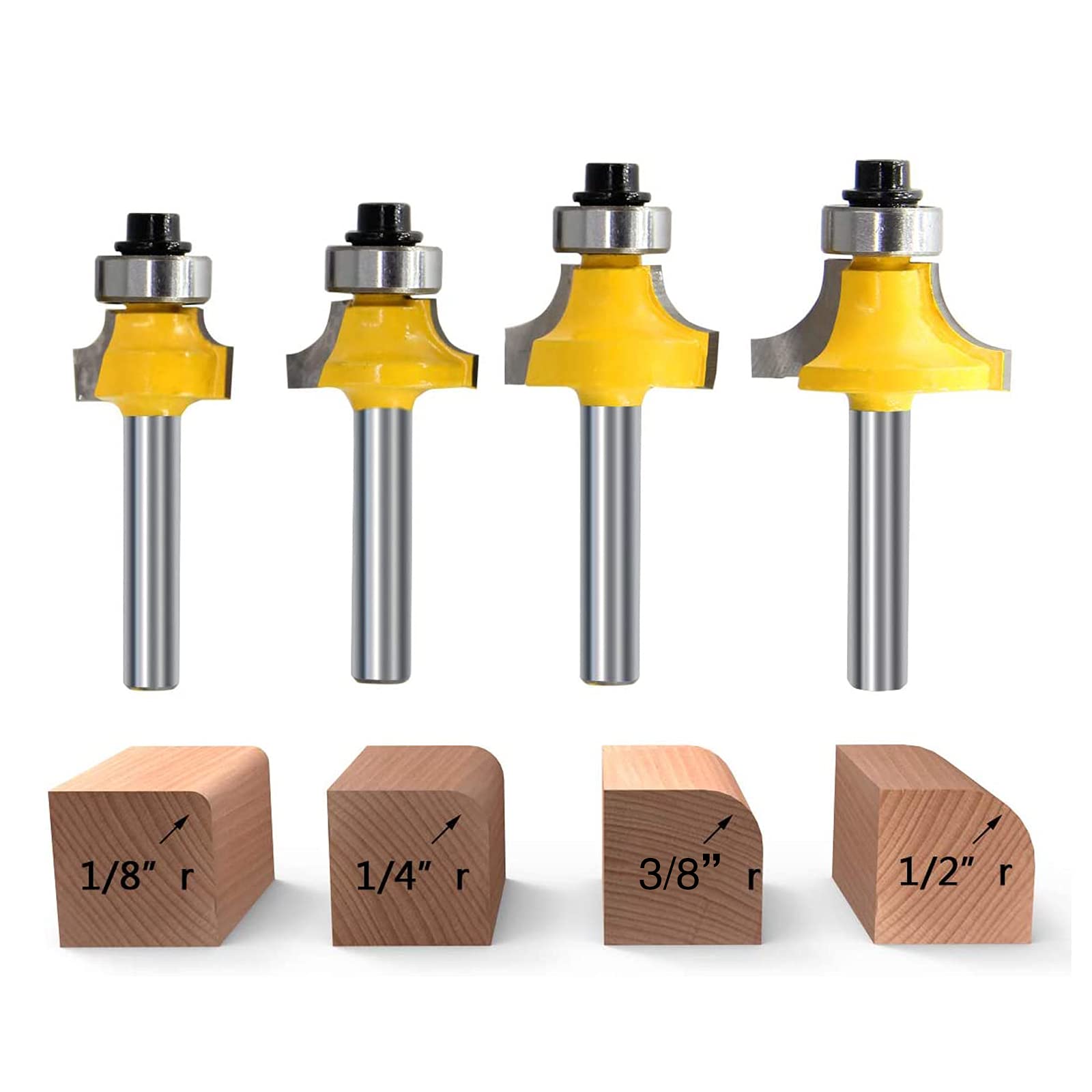 RKURCK 1/4" Shank Round Over Edging Router Bits Corner Rounding Edge Forming Edging Tool Set - 1/8” 1/4” 3/8” 1/2”Radius for Woodworking Milling Cutter 4 Pcs