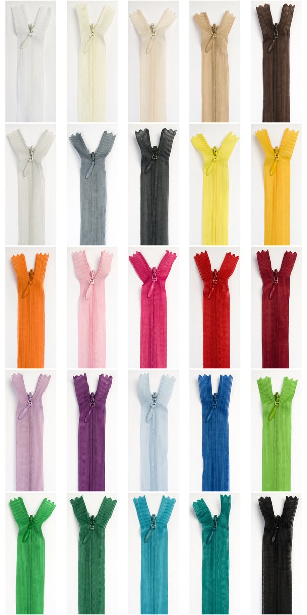 25 Zippers, Concealed Invisible, 50 cm Long, Sorted, Each Zipper in one Color