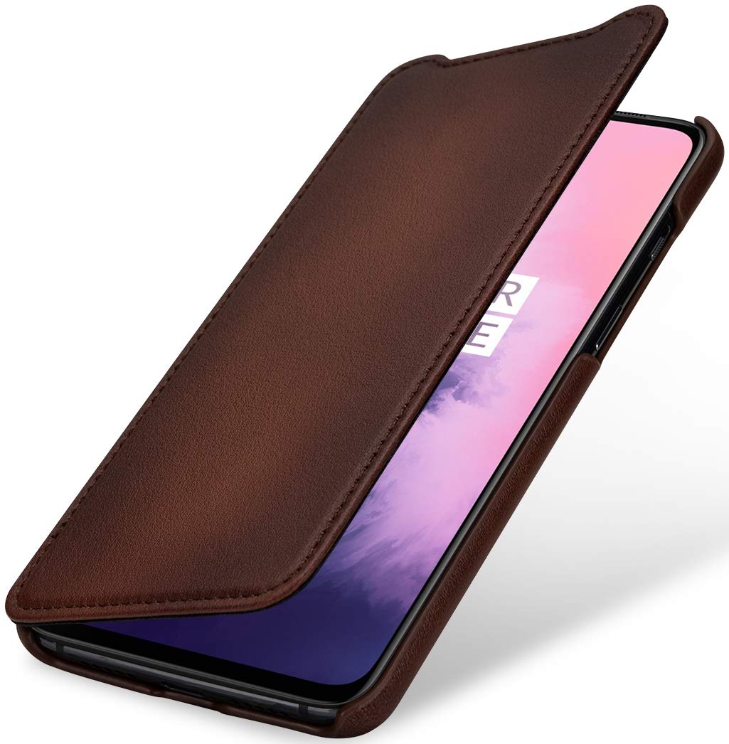 StilGut Book Type Flip Case for OnePlus 7, Genuine Leather OnePlus 7 Case, Antique Brown
