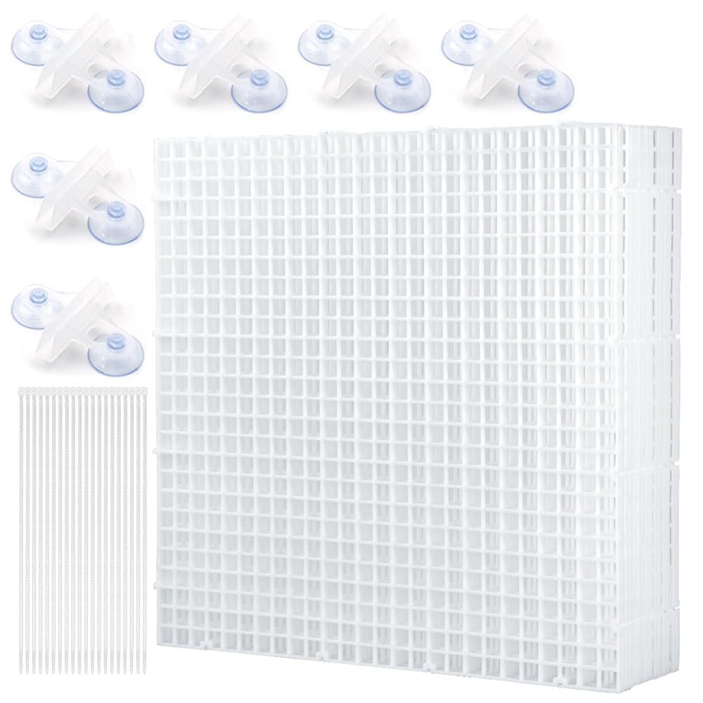 LINLAN Aquarium Fish Tank Dividers Set, 8 Pcs 30X30 cm Aquarium Grid Plastic with 6 Pcs Sucker Clips and 20 Pcs Cable Ties, Egg Crate for Fish Isolation(White)