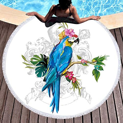 Koongso Morning Glory Macaw Beach Towels,100% Microfiber Parrot Beach Towel Round Tablecloth,Soft Multi-Purpose Beach Throw Blanket with Tassels,Yoga/Picnic/Camping Mat