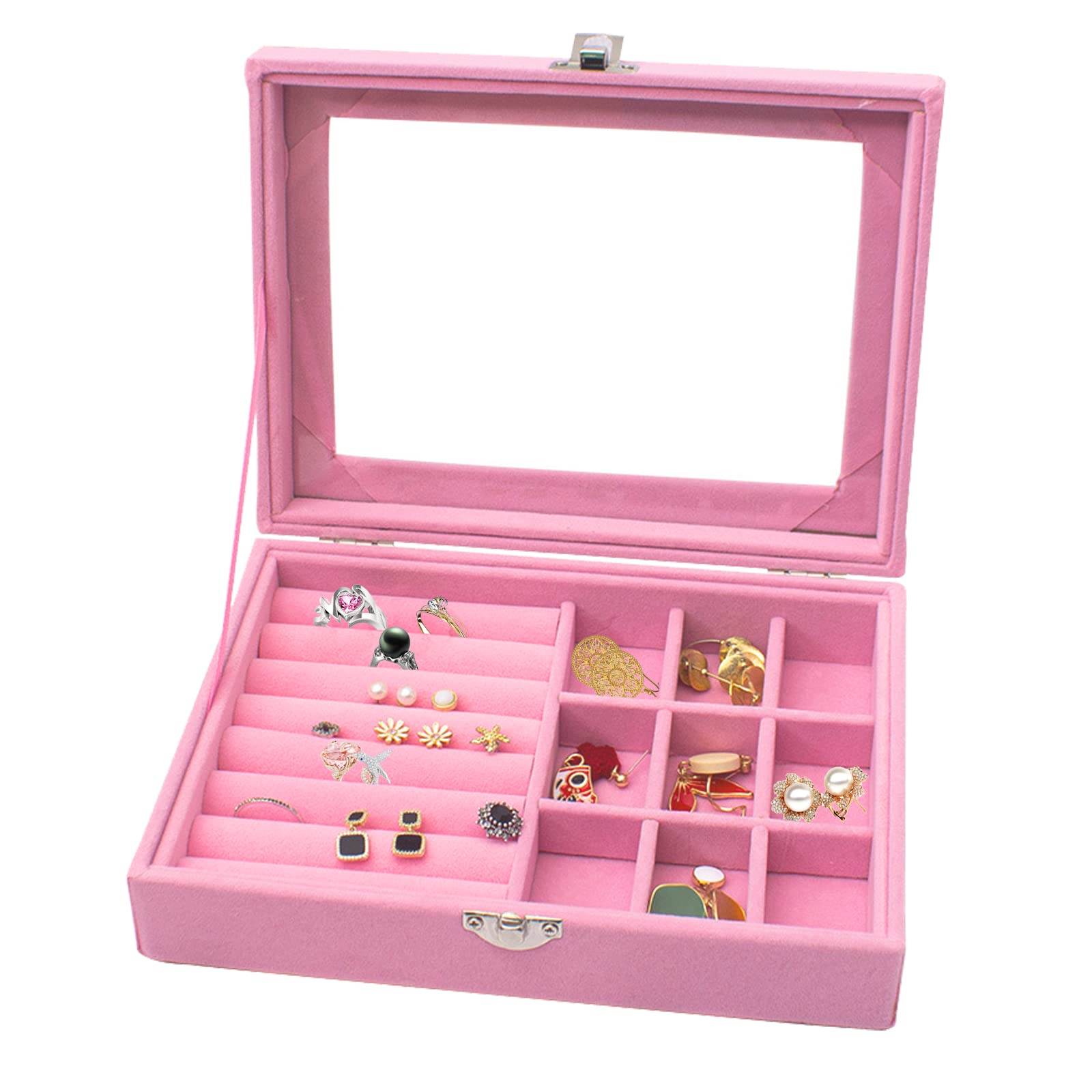 dogmoon Jewelry Storage Case, 9 Grid Velvet Jewelry Box, Ring Display Box, Earrings Organizer with Clear Lid Lockable Jewellery Showcase for Rings, Earrings, Necklace (Pink)