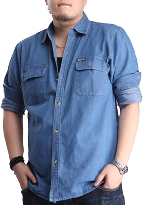 Amazon Lee Fun リー ファン デニムシャツ メンズ 大きいサイズ 長袖シャツ ウエスタンシャツ カジュアル シンプル トップス 無地 ロングシャツ アメカジ ブルー ネイビー シャツ M ブルー シャツ 通販