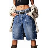 LifeShe Women's Denim Long Shorts Casual Baggy Bermuda Low Waist Summer Barrel Short Jean Pant Blue