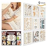 Temporary Tattoo ( 9 SHEET) 5 Sheet Metallic Gold +2 Sheet Elegant Series White Lace+2 Change the Color in The Sun, Non-Toxic, Eco-Friendly, Easy To Apply and Long Lasting