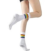 Yoga Pilates Socks with Grips for Women Striped Cushioned Non Slip Crew Socks for Barre Ballet Dance