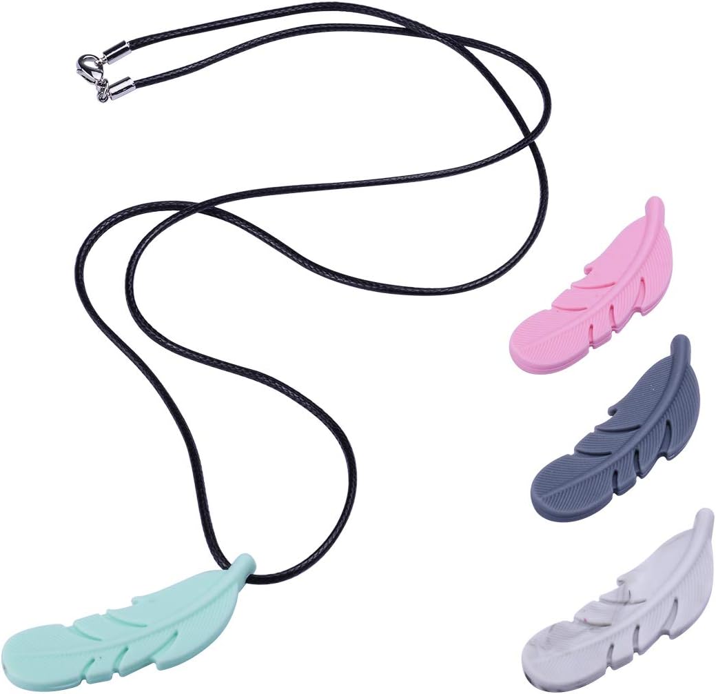 Sensory Chew Necklace for Boys and Girls - Chewable Silicone Feather Pendant for Baby, Kids, Upgraded Wax Leather Chain for Oral Motor Chewing Biting Teething Needs