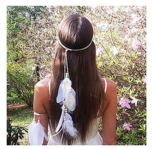 Set of 2 Girls Women Lady Bohemian White Peacock Feather Headband Headdress and Armband Hippie Headpiece Headwear Handmade Tribal Indian Fascinator Feather Hairband Wedding Accessories - Thumbnail 3