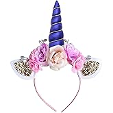 AHIER Unicorn Headband, Blue Glitter Horn Headband Cat Ear Head Bands Flowers Headwear Accessory for Unicorn Party Supplies