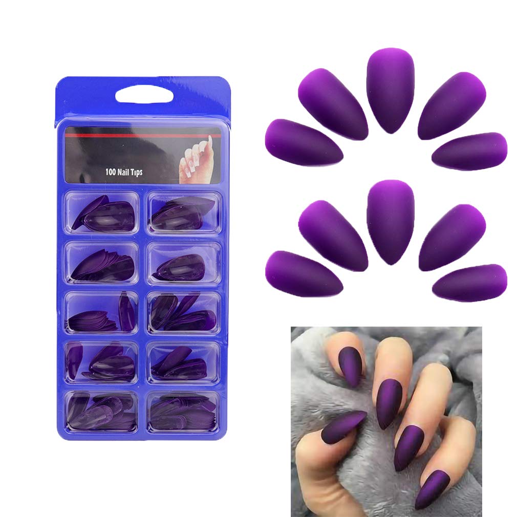 MISUD 100Pcs/Box Stiletto Fake Nails Purple Matte Medium Length Artificial Nails 10 Sizes Full Cover Press on Manicure Art Nails Tips for Charming Women and Girls - Violet - Image 5