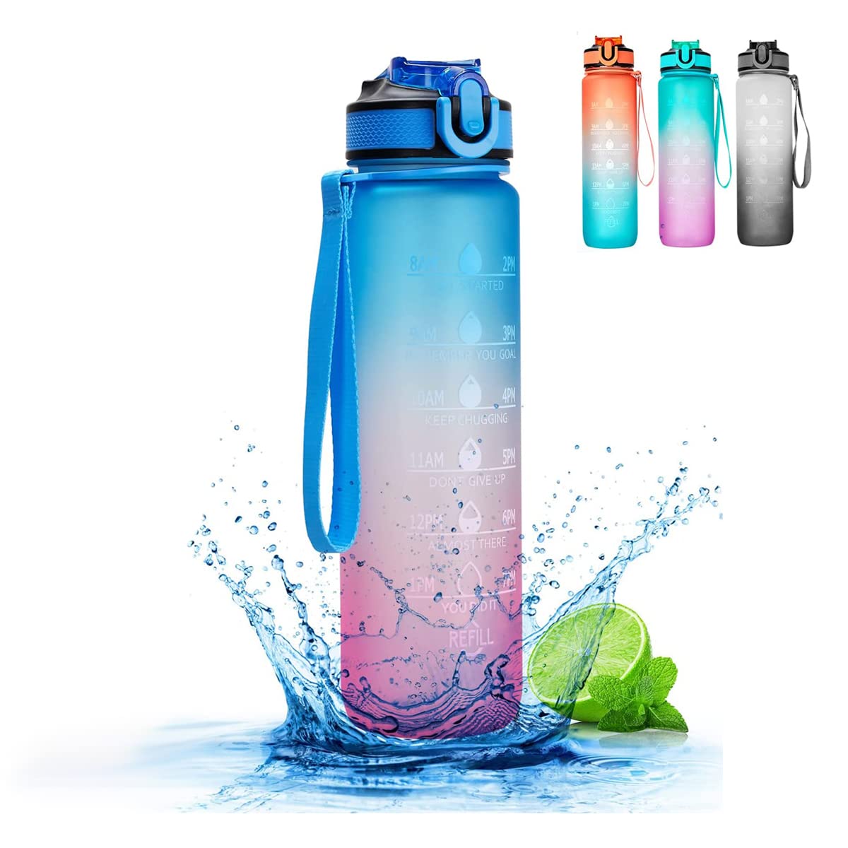 Otcmuky Sports 1 ltr Water Bottle with Time Markings & Straw, Motivational Cycling Bottle with Leakproof Secure Locking Lid for Sports, Fitness, Gym, Cycling, School, Office Blue