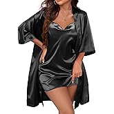 Ekouaer Women's Satin Robe Set Nightgown with Robes Silk Pajama Set 2 Pieces Lingerie Cowl Neck Cami Sleepwear Sets