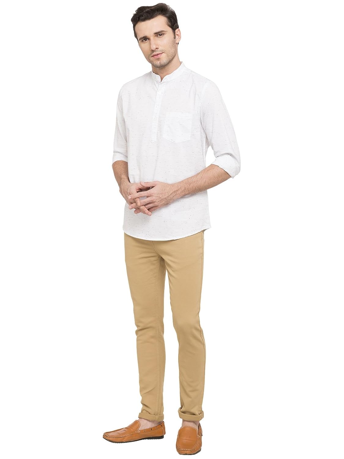 nick&jess men's ethnic wear : white melange printed cotton short kurta shirt