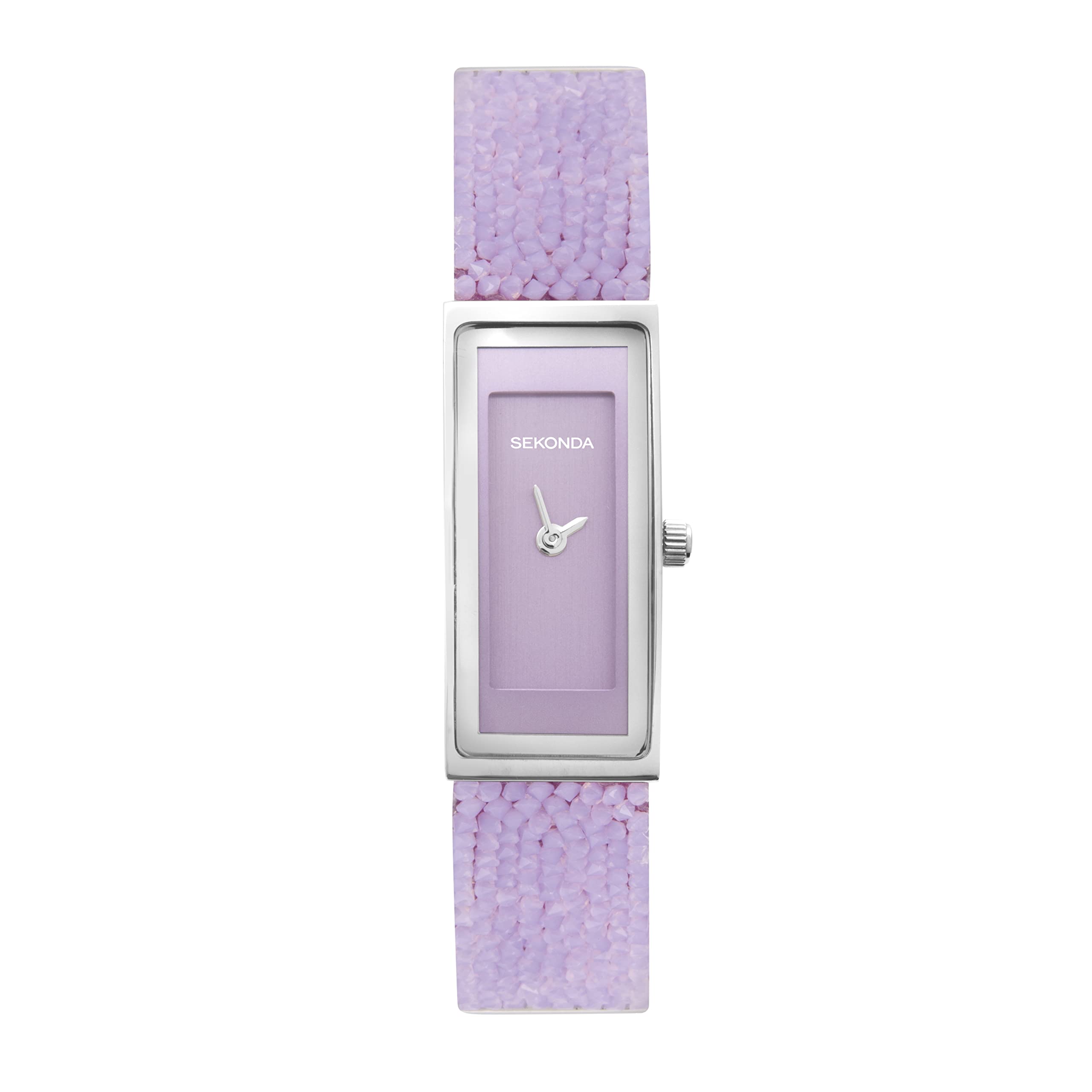 Sekonda 17mm Sparkle Lilac Slim Ladies Crystal Rocks Dress Watch with Brushed Dial Jewellery Clasp and Leather Backed Strap