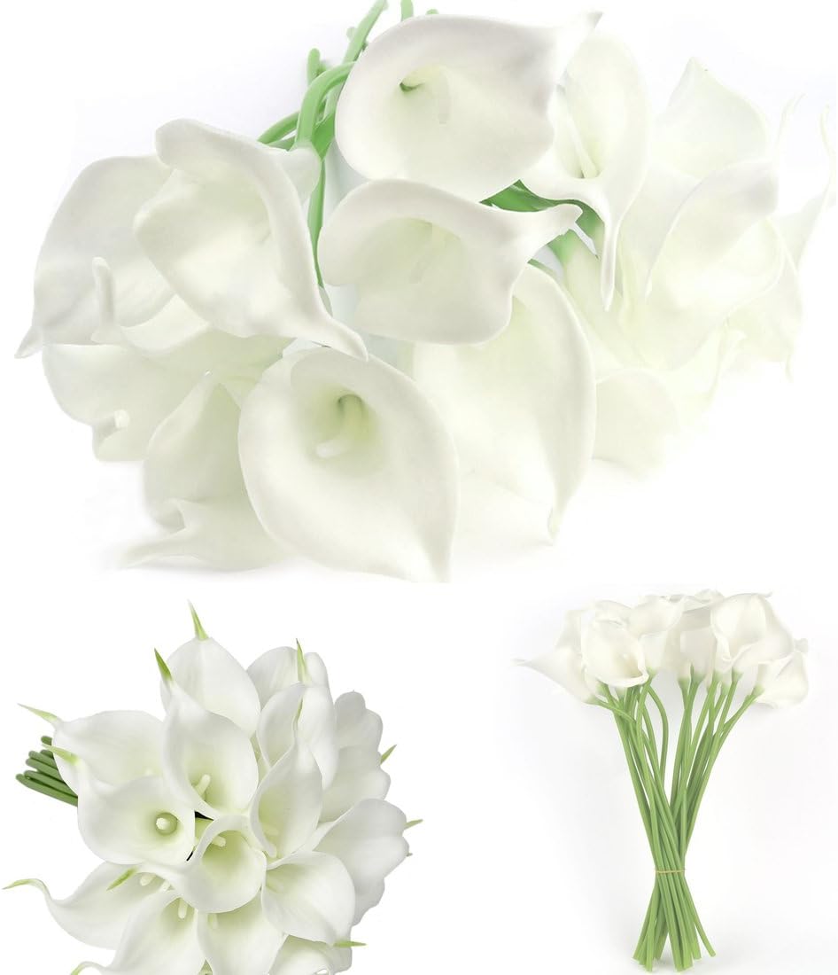 20 Pcs Artificial Calla Lily Silk Flowers Real Touch Fake Flowers Wedding Bouquets (White)