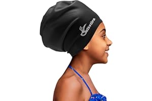 GELTVILRA Extra Large Swim Cap for Kids Black Girls Aged 4 to 16 with Long Hair Braids Dreadlocks, Waterproof Silicone Swimming Hat Turban Hair Protection for Boys Toddler Children Youth