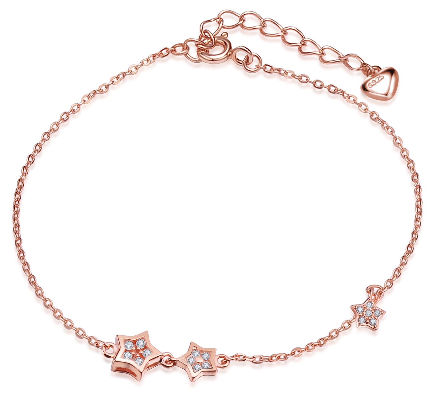 Infinite U Girl's 925 Sterling Silver Cubic Zirconia Cute 3 Stars Charm Bracelet with Extension, Rose Gold Plated