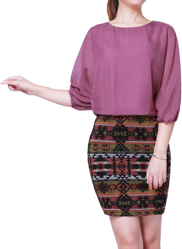 Elliscold Women’s Vintage Batwing Sleeve Chiffon Patchwork Casual Work One-Piece Midi Dress
