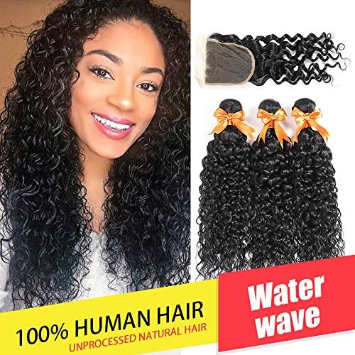 Brazilian Water Wave 3 Bundles with Closure Unprocessed Virgin Human Hair Bundles with Lace Closure 4x4 Free Part Can Be Dyed (16 18 20 with 14)