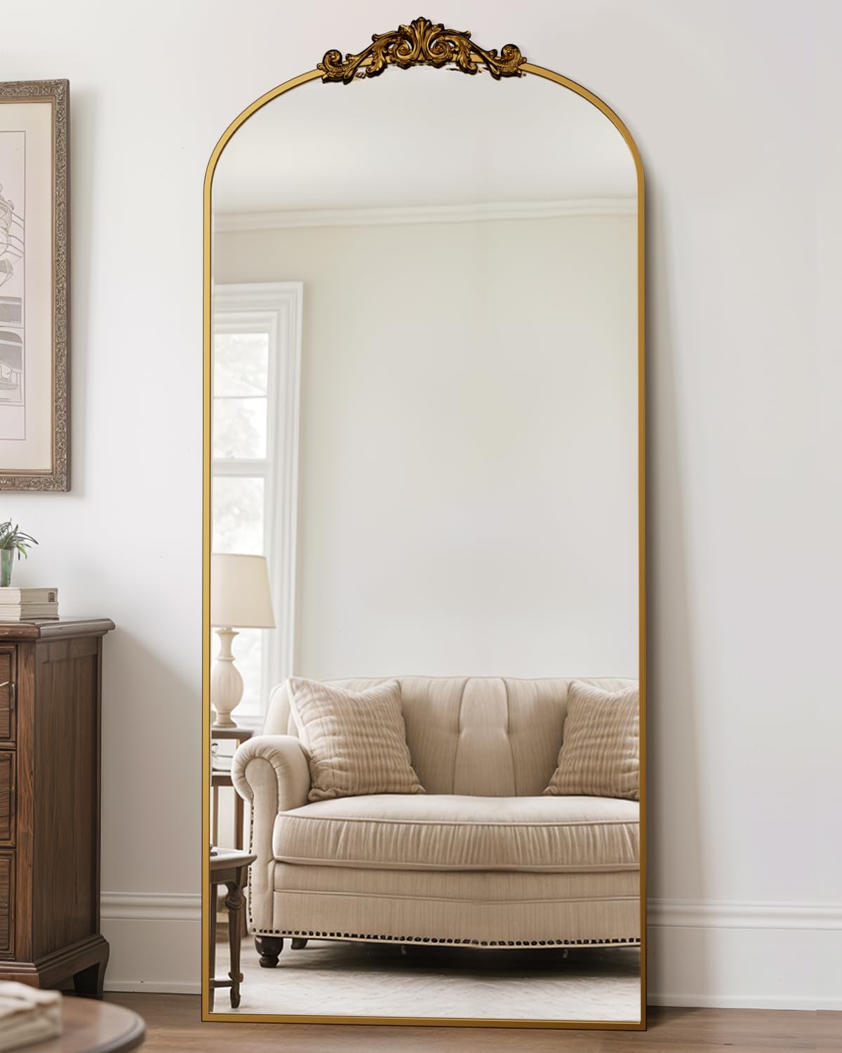 Photo 1 of Antok Arched Full Length Mirror, 71"x32" Floor Mirror with Carved, Full Body Mirrors for HomeDecor, Standing/Halling Large Wall Mirror for Bedroom, Living Room, Cloakroom, Gold, Retro Style