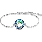 TOUPOP Sea Turtle Bracelet Anklet 925 Sterling Silver Beach Palm Tree Bracelet Summer Crystal Sea Turtle Jewelry Christmas Gifts for Women Her