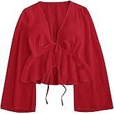 GORGLITTER Women's Tie Front Peplum Tops Blouse Dressy Casual Bow Long Sleeve Deep V Neck Shirts Crop Top Trendy 2025