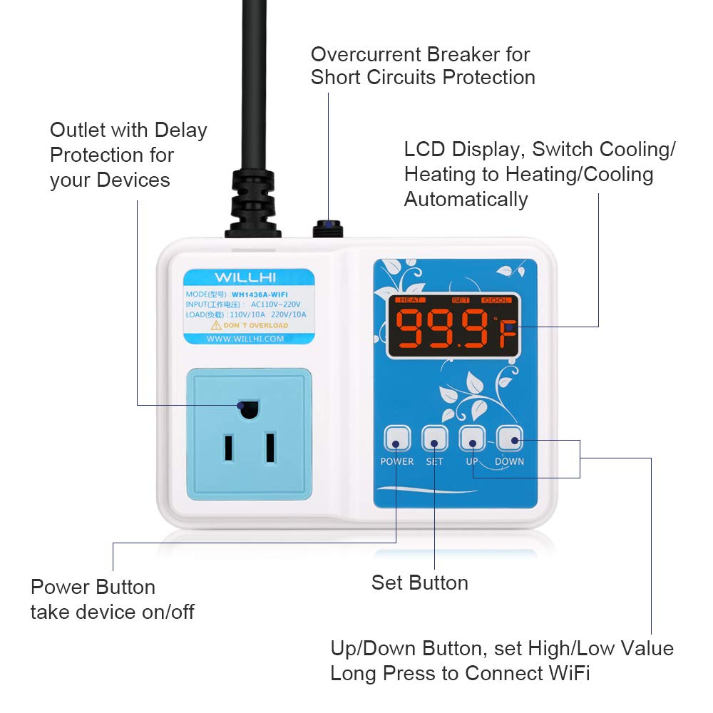 WILLHI 1436AWIFI Temperature Controller WiFi Digital Thermostat Outlet