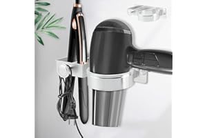 RESTYNIC Wall-Mounted Hair Dryer & Styling Tool Holder, Adhesive Organizer for Bathrooms, Flat Irons, Curling Irons & Accessories (Silver, Standard)