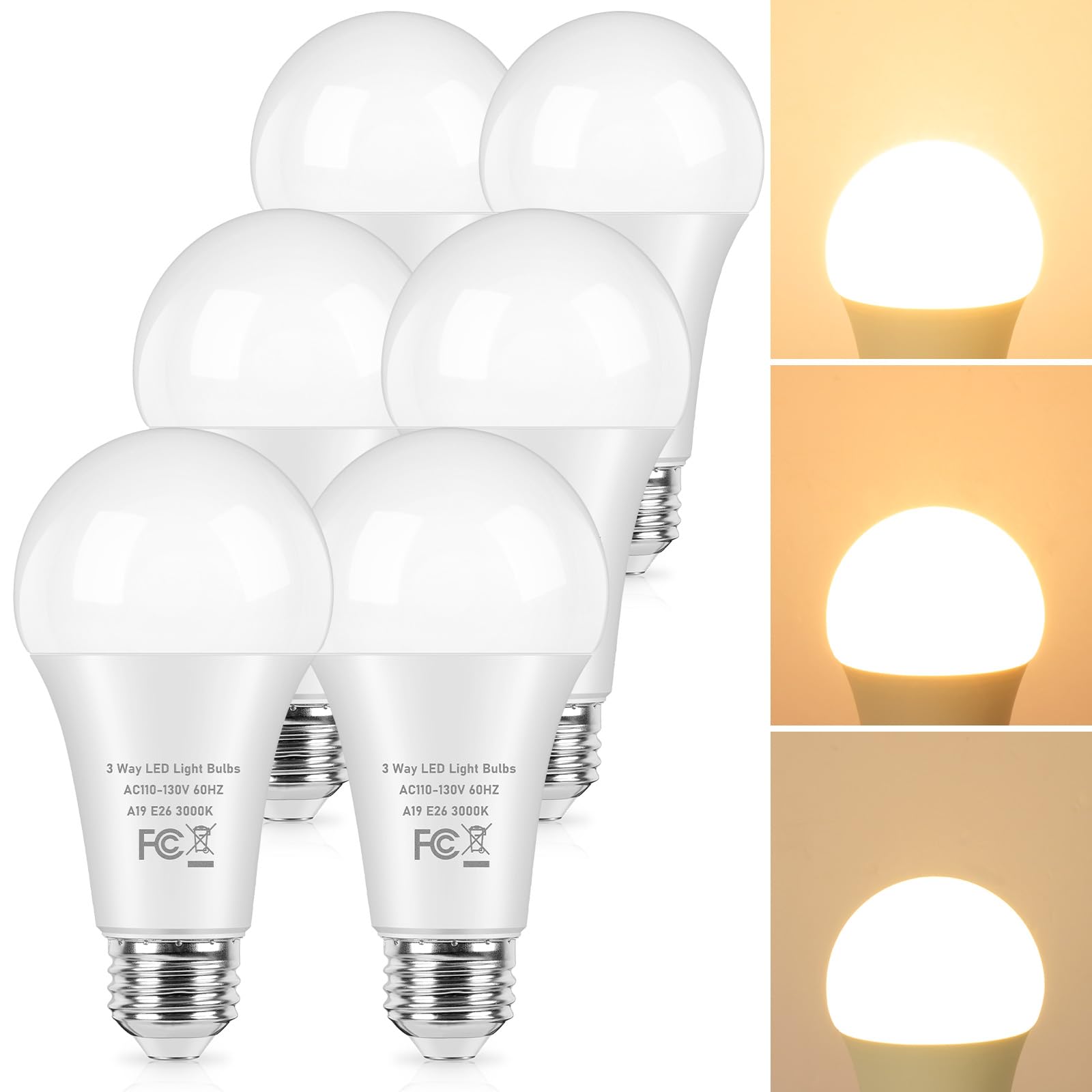 Photo 1 of TOBUSA 3 Way Light Bulbs 50 100 150 Watt Equivalent, 6-Pack Three Way A19 LED Light Bulbs 3000K Warm White, Standard LED Bulbs E26 Medium Base, Energy-Saving Indoor 3-Way Light Bulbs for Reading Lamp