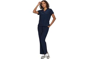 floralhue Scrubs for Women, V-Neck Scrubs Top & Cargo Pants with 12 Pockets, Yoga Waistband, 4 Way Stretch