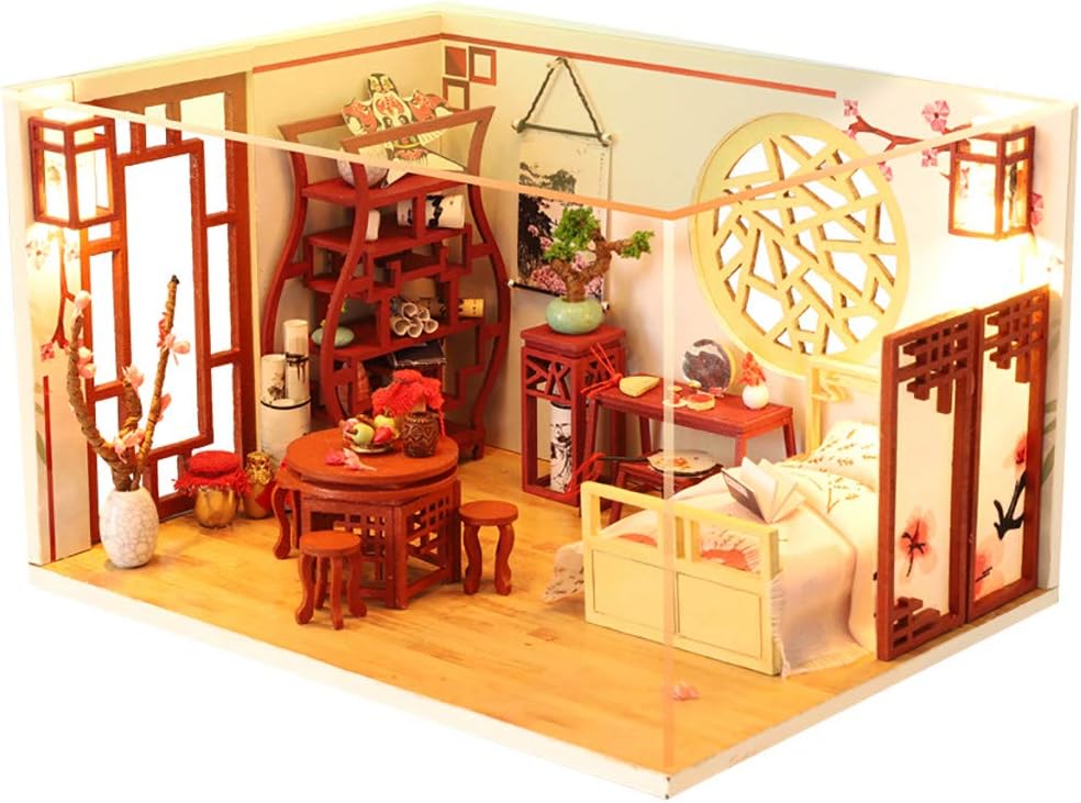 Gbell  Girls Wooden Dollhouse Miniatures DIY House Kit with LED Light,Kids 3D DIY Wooden Miniature House Furniture Hands Craft Puzzle Creative Gifts for Girls
