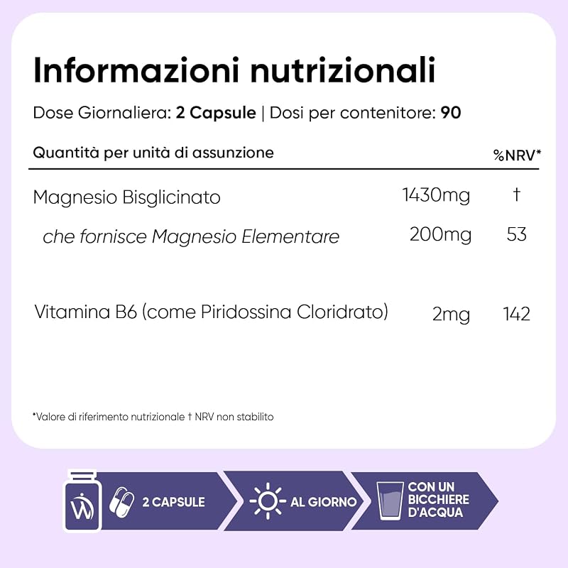 Magnesio Bisglicinato 1432mg per Dose con Vitamina B6, 180 Capsule, 3 Mesi