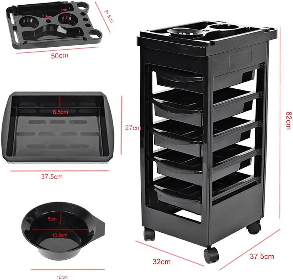 Filfeel Salon Spa Trolley Storage Cart with 5 Drawers, Coloring Beauty Salon Hair Dryer Holder Stylist Trolley in Black: Home & Kitchen