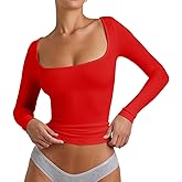YFANG Women's Sexy Square Neck Long Sleeve Ribbed Kint T Shirts Casual Solid Slim Fitted Going Out Tops