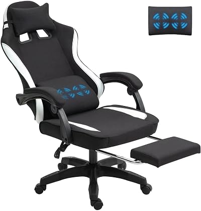 Generic Fabric Massage Gaming Chair Ergonomic Reclining Footrest Black