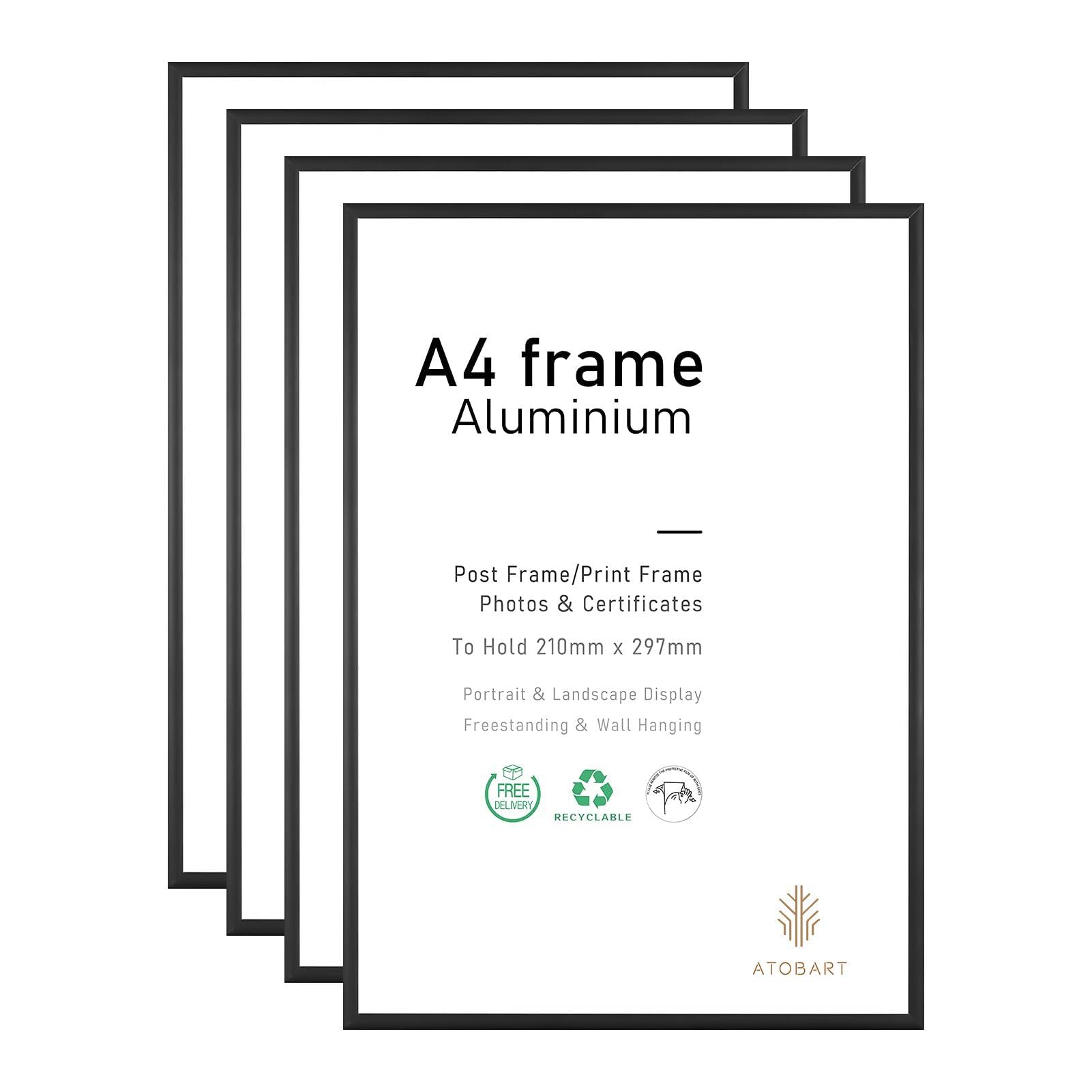 A4 Photo Frame,4 Pack-21x30cm Black Aluminium Picture Frame,Certificate Frame for Wall Mount or Table Top Display,Set of 4